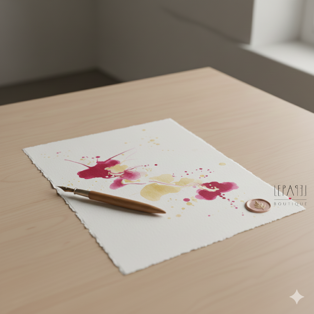 Papel de alto gramaje con tinta y pluma en el taller de Lepapel