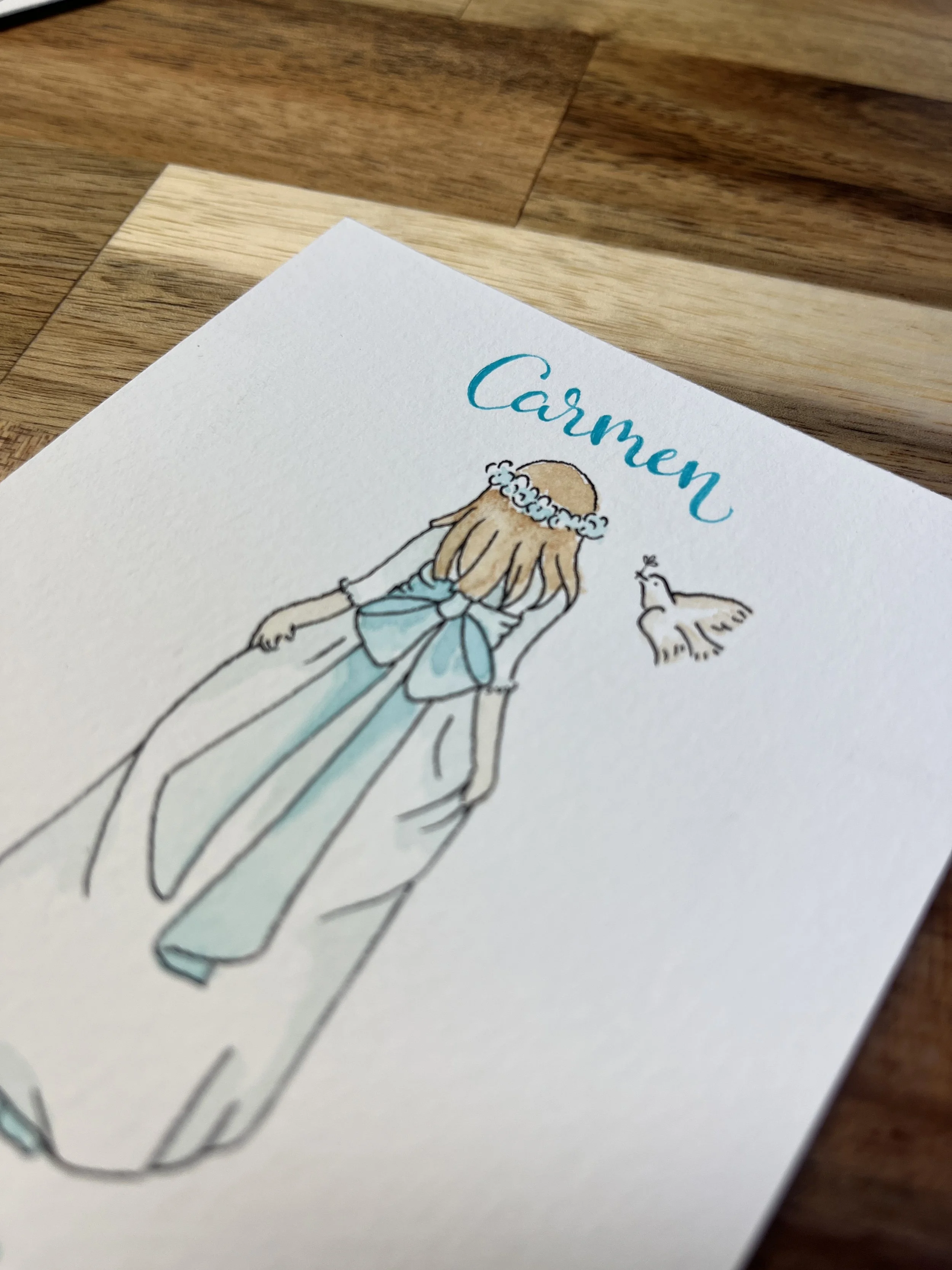 Detalle de ilustración en acuarela en recordatorio de Primera Comunión personalizado