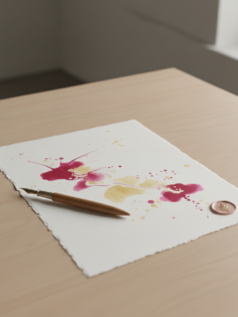 Papel de alto gramaje, pluma y tinta en el espacio creativo Lepapel