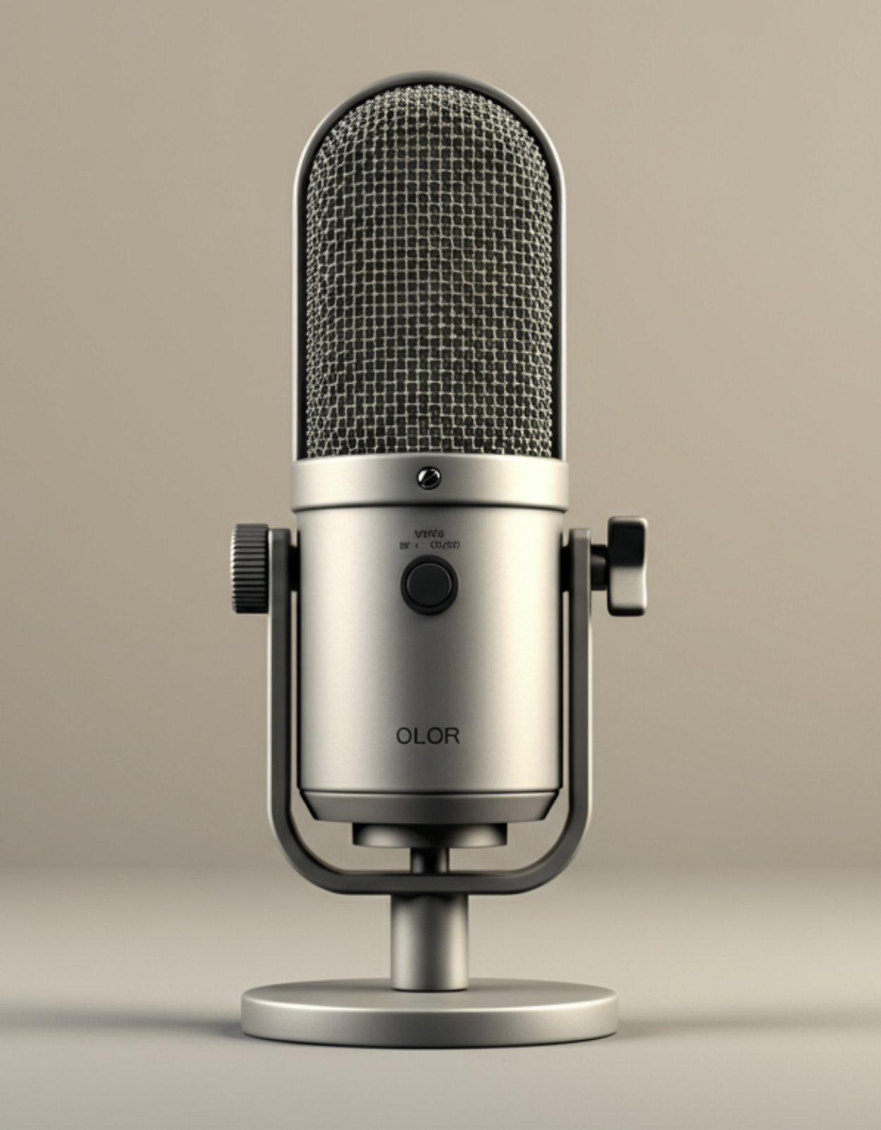Silver studio microphone on a stand against a neutral background.