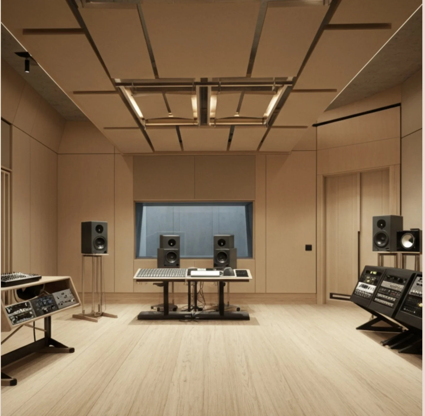 Recording studio with four large speakers, a mixing console on a table, and audio equipment in a wood-paneled room.