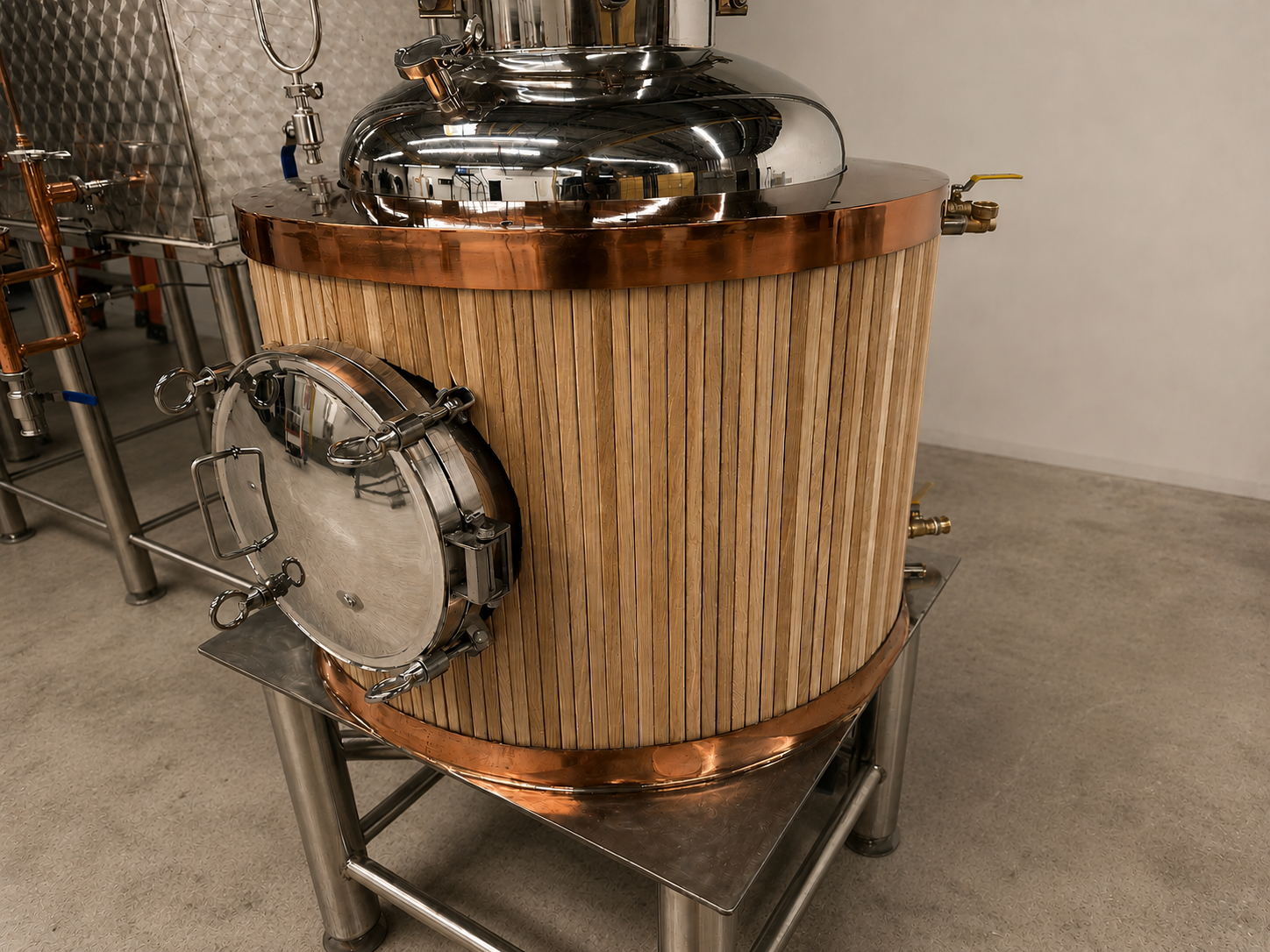 Copper distillery vat wrapped in vertical wood slat paneling, custom-built cladding for a distillery