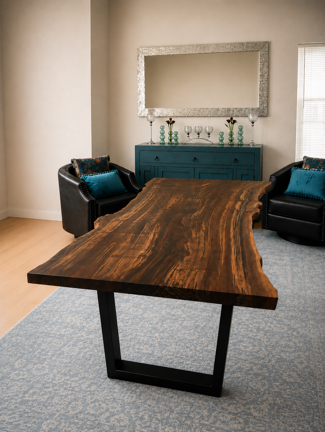 Live-edge claro walnut coffee table with black steel legs, in a living room with black leather armchairs and a blue sideboar