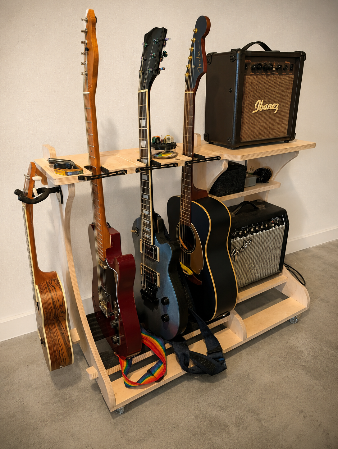 Custom wood guitar stand on casters, holding four guitars and two amplifiers