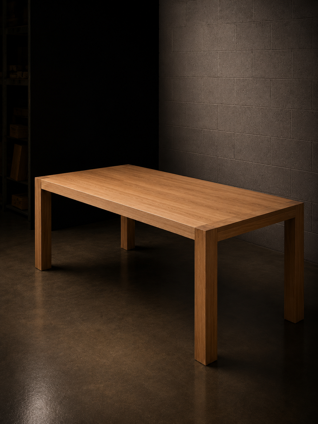 Custom white oak Parsons dining table handcrafted by Bluestone Woodwork, finished in Rubio Monocoat Natural, displayed in a modern industrial showroom