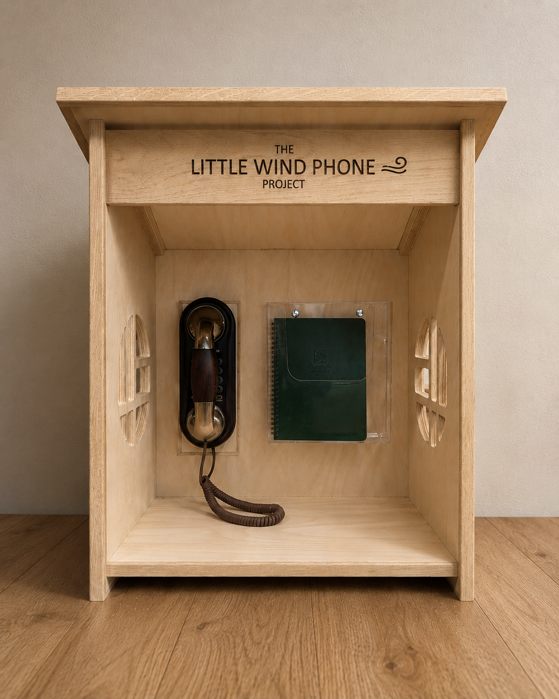 Little Wind Phone Project' booth with a vintage corded phone, guest journal, and carved wave cutouts on the side panels