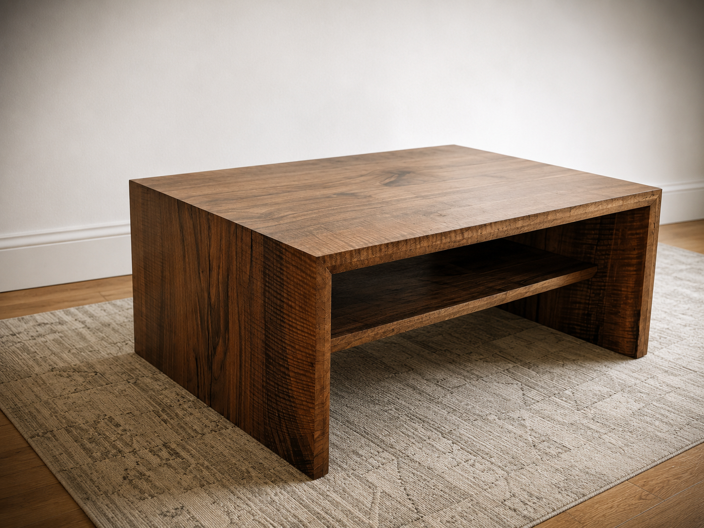 Claro walnut coffee table with waterfall-edge grain and an open lower shelf, on an area rug