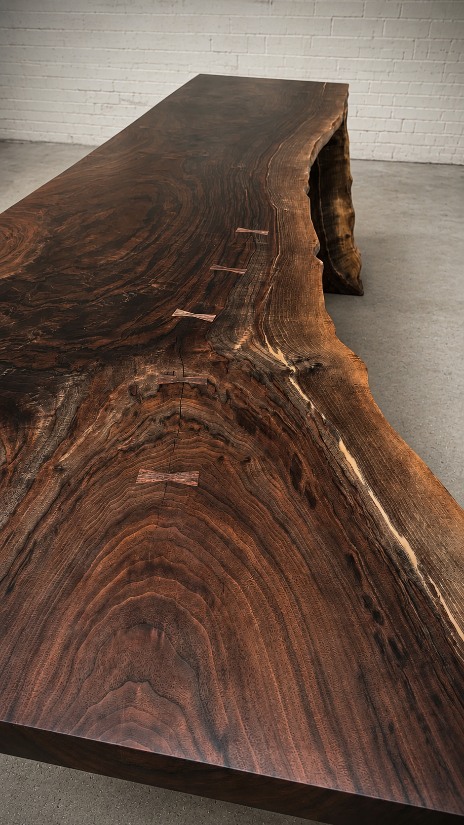 15-foot live-edge walnut slab with copper butterfly inlays, standing in the workshop before installation as a bar top