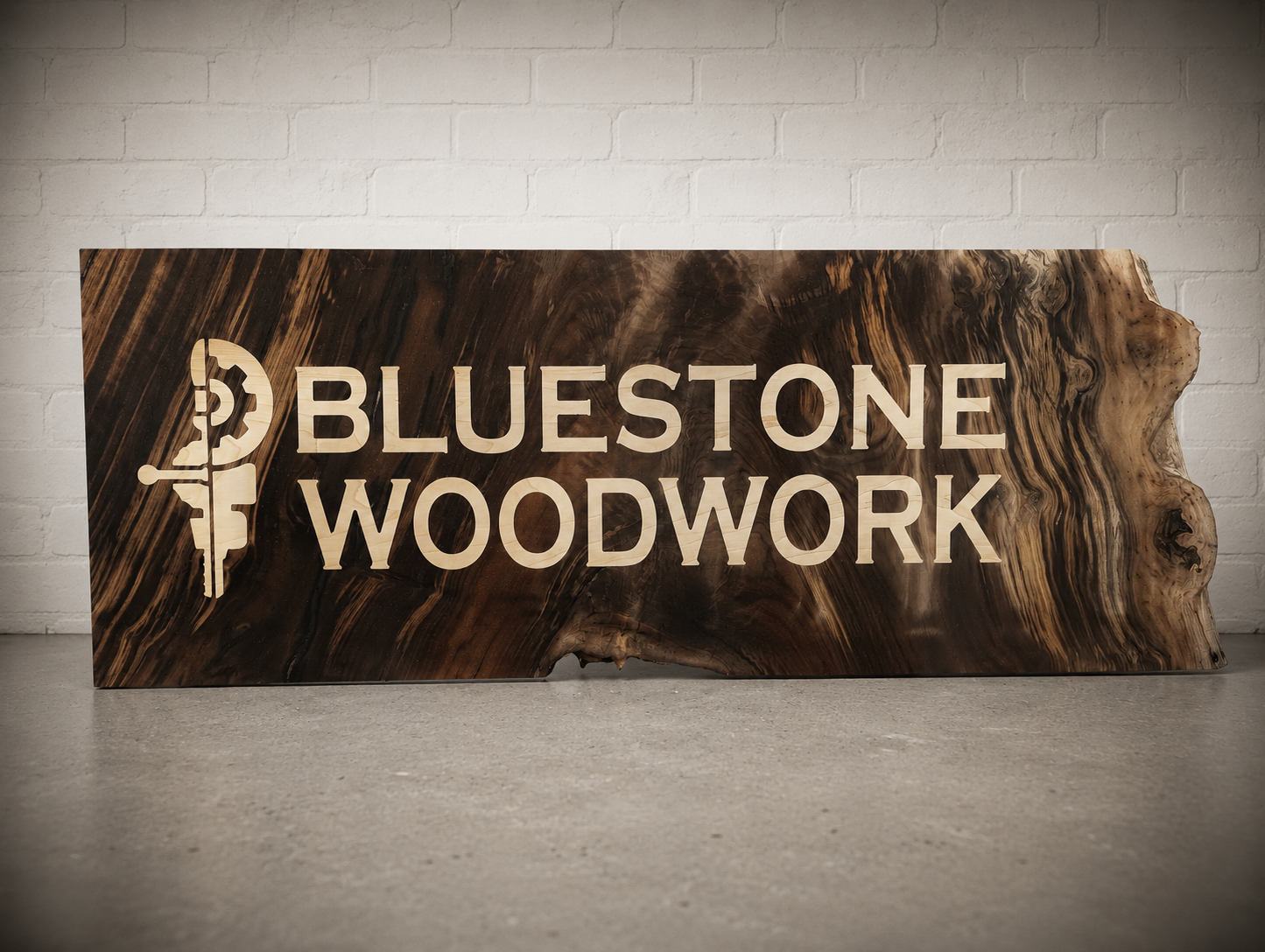 Live-edge walnut sign CNC-carved with the Bluestone Woodwork logo and name in light inlaid lettering
