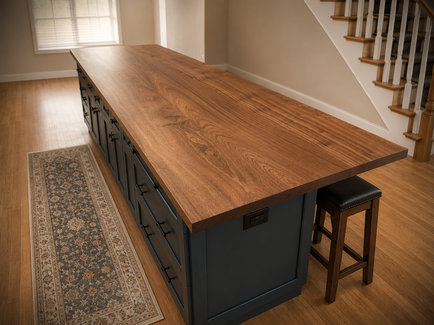 Custom sapele-topped kitchen island with a navy blue cabinet base