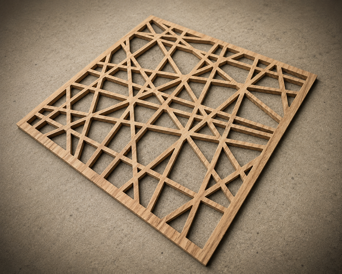 Square wood panel CNC-cut with an abstract geometric lattice pattern, designed as a custom door screen insert