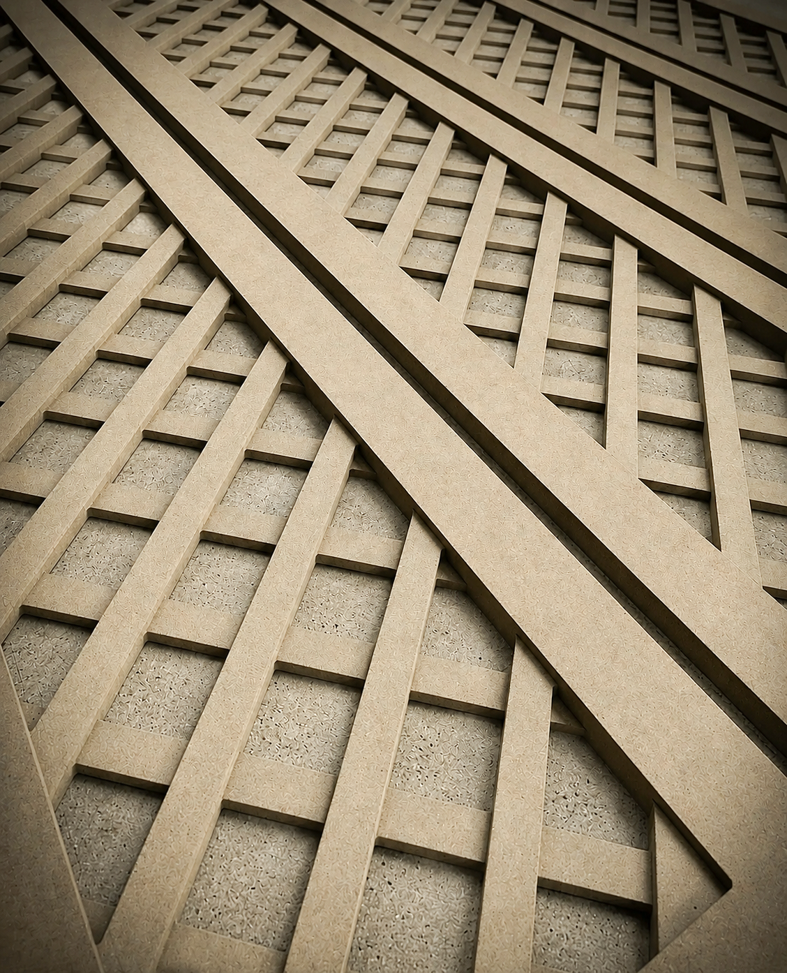 Close-up of a CNC-cut wood architectural panel with a layered diagonal lattice pattern