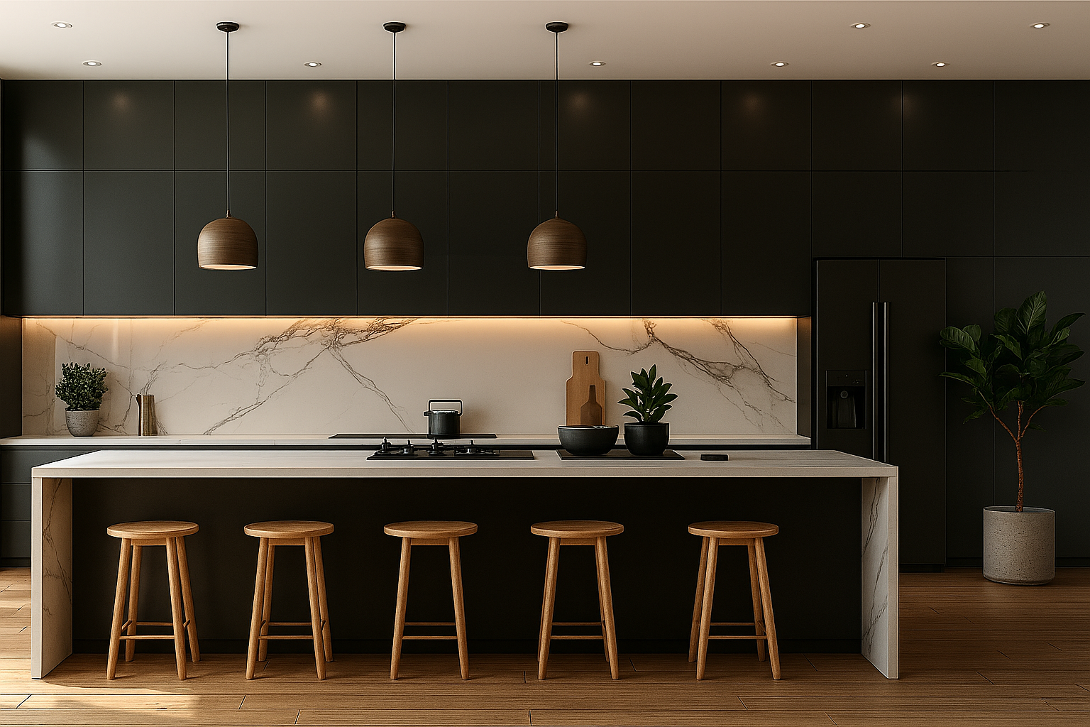 Cocina moderna con isla de mármol, armarios oscuros, iluminación empotrada y colgantes de madera. Incluye plantas, tablas y utensilios en la encimera, y asientos de madera en la isla.