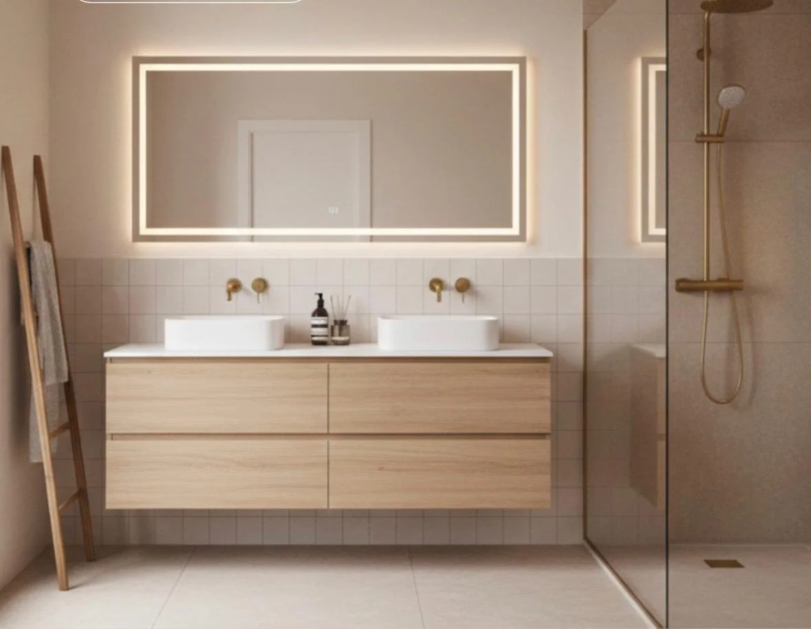 Un baño moderno con un mueble de madera con dos lavabos y un espejo con iluminación LED.