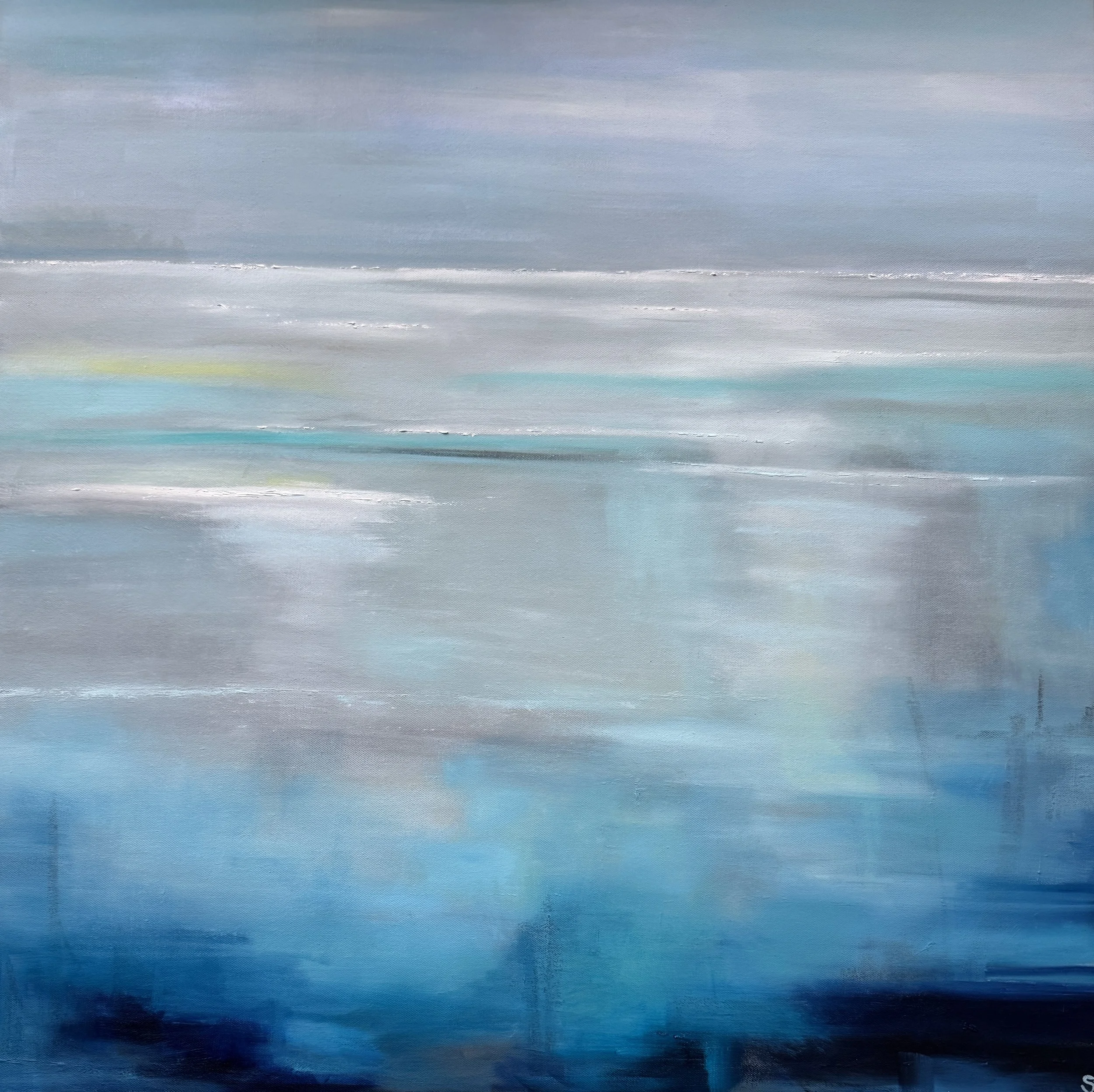 Abstract painting with shades of blue, gray, and white, resembling a seascape or sky reflection.