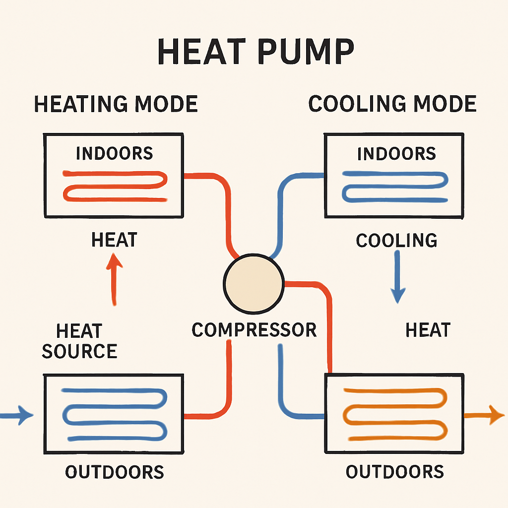 Diagram of a heat pump showing heat source outdoors, indoor heating mode, and cooling mode with arrows indicating flow of heat and refrigerant through compressor, indoor, and outdoor units.