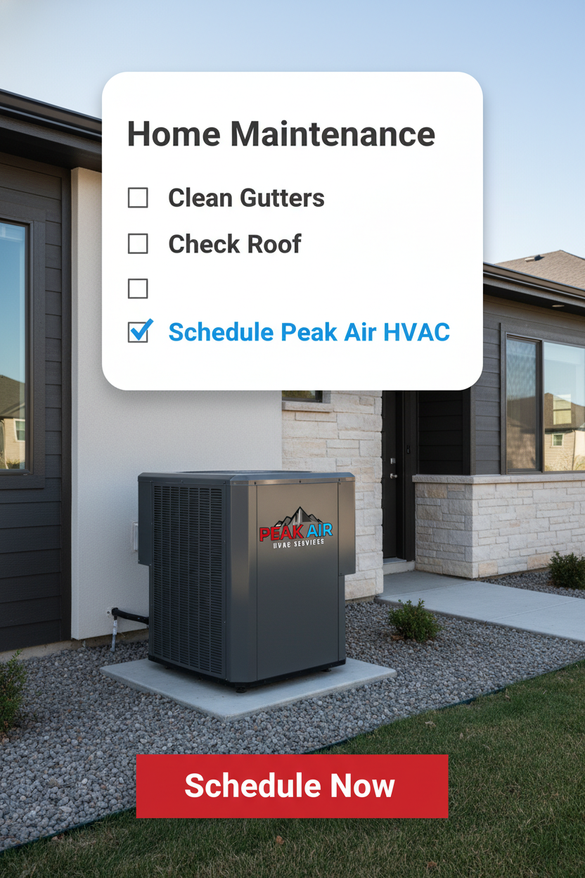 A home exterior with a maintenance scheduling overlay and a Peak Air HVAC unit in the yard.