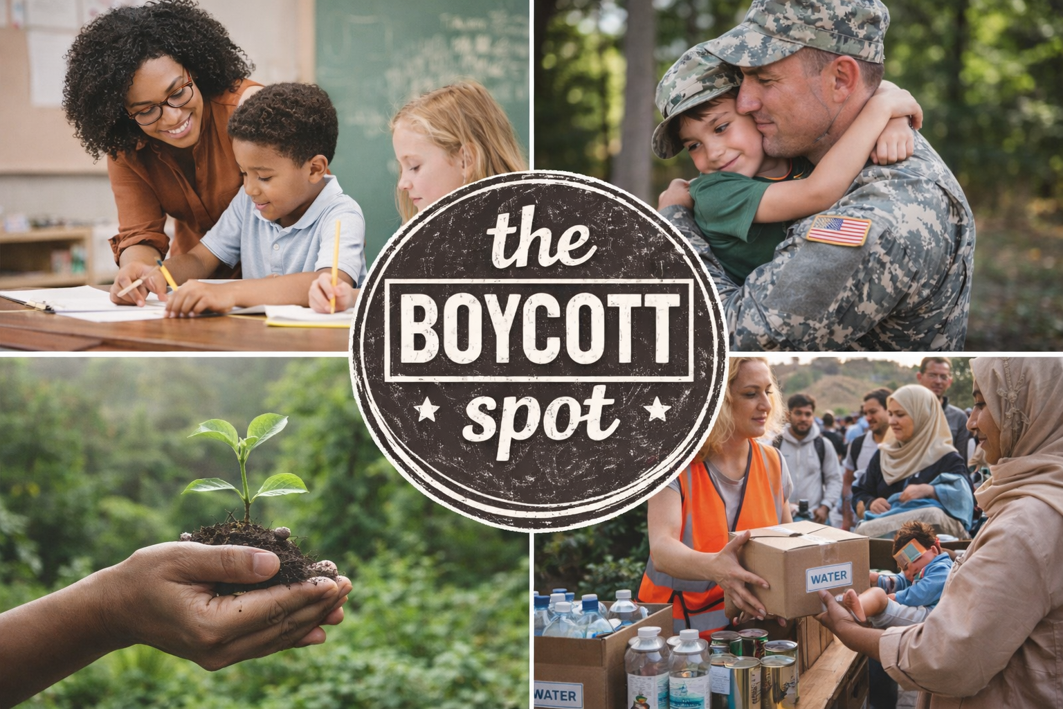 A collage with a central graphic that says 'the boycott spot' and four pictures around it. The top left shows a teacher helping two young students with a school activity. The top right depicts a soldier hugging a child outdoors. The bottom left shows a hand holding a small plant in soil. The bottom right features a volunteer handing out water and supplies to refugees or displaced persons.