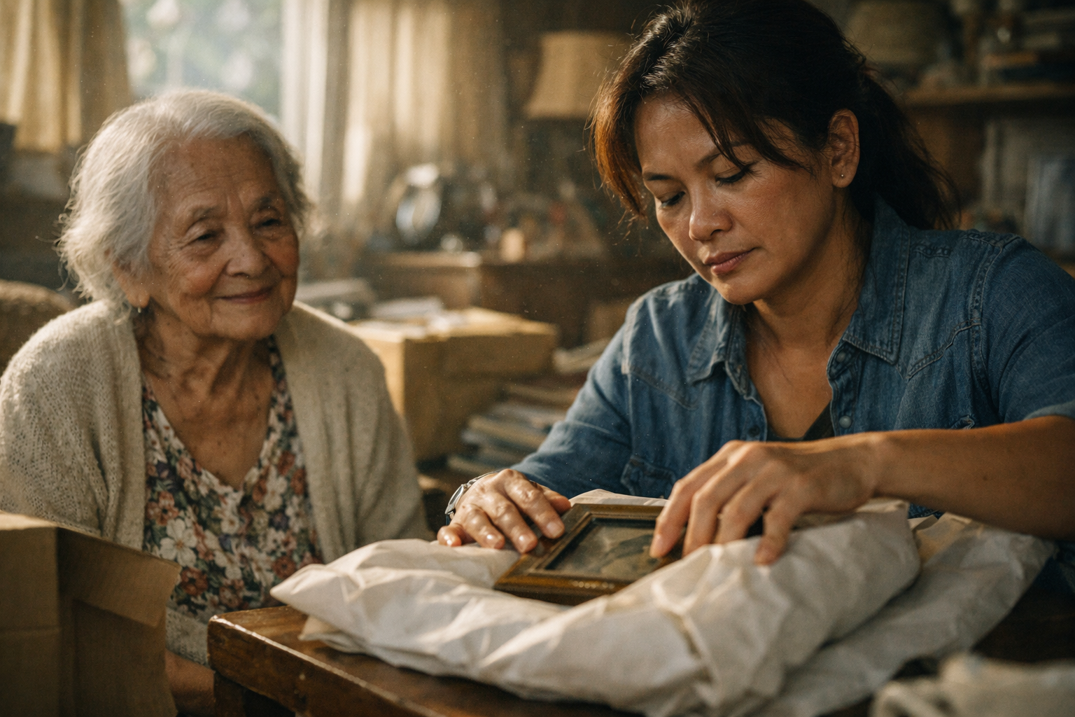 A woman and an elderly woman looking at a framed photo, with the elderly woman smiling and the woman appearing focused, in a cozy, cluttered room with warm lighting.