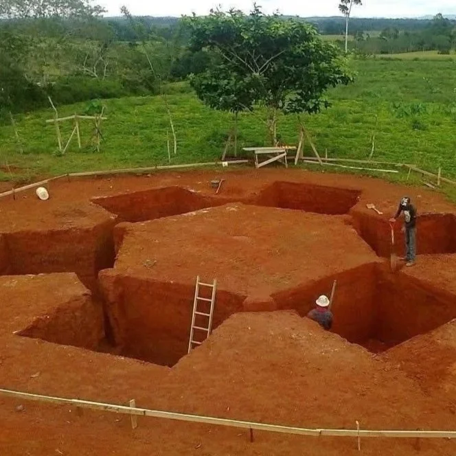 Cavidades excavadas en la tierra en un campo rural con un árbol y vegetación alrededor, y dos personas trabajando en el sitio.