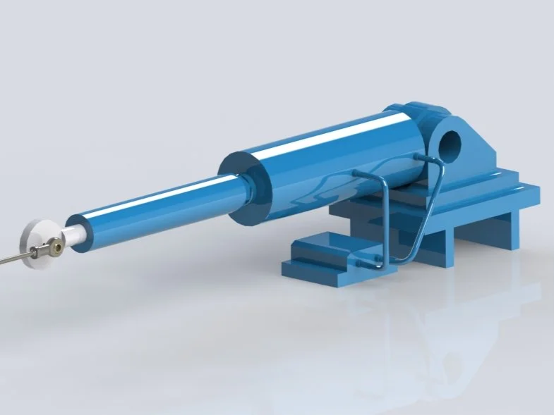 Modelo de un cilindro hidraulico de color azul sobre una base metálica.