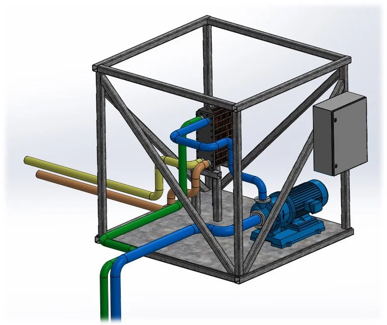 Sistema de tuberías y bomba en estructura metálica para proceso industrial