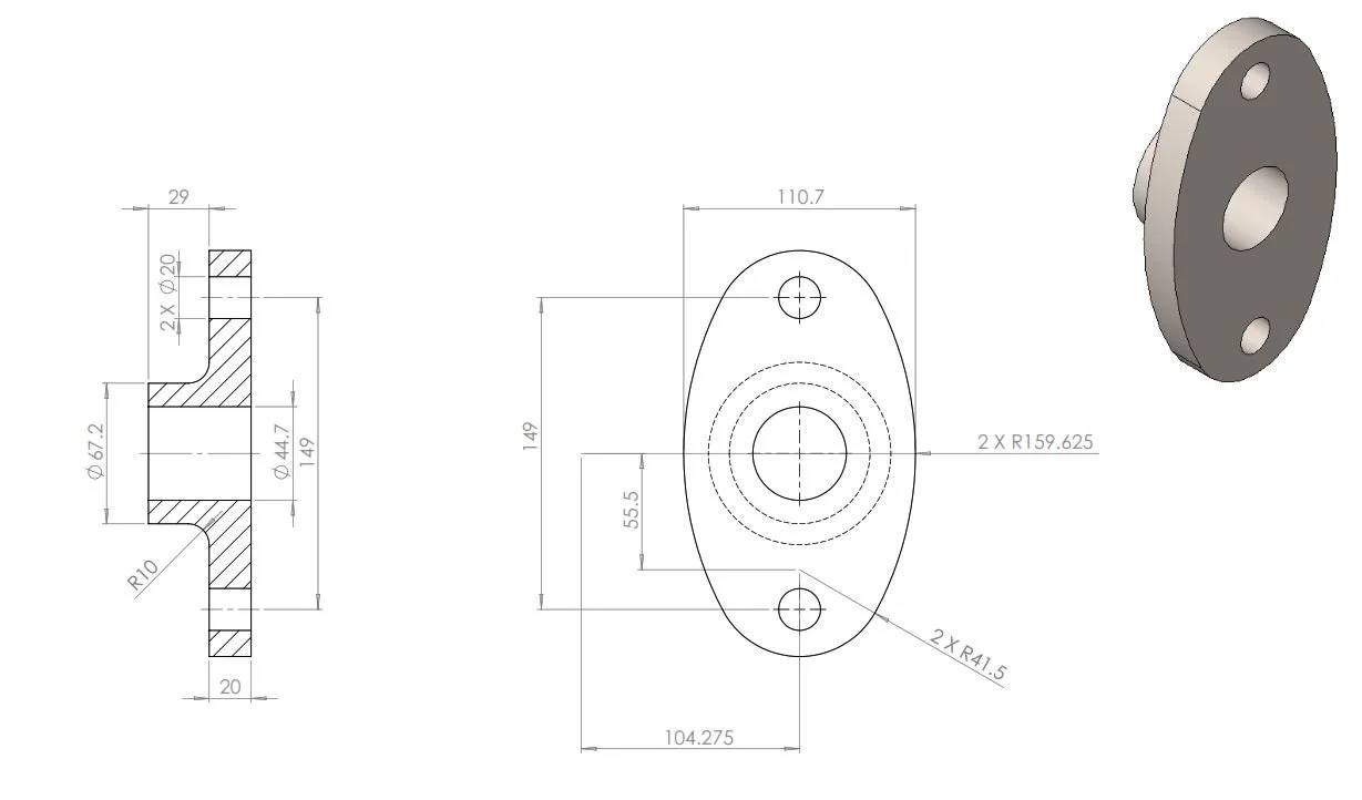 Plano técnico de una pieza mecánica con vista en sección y vista tridimensional, mostrando dimensiones y detalles de fabricación.