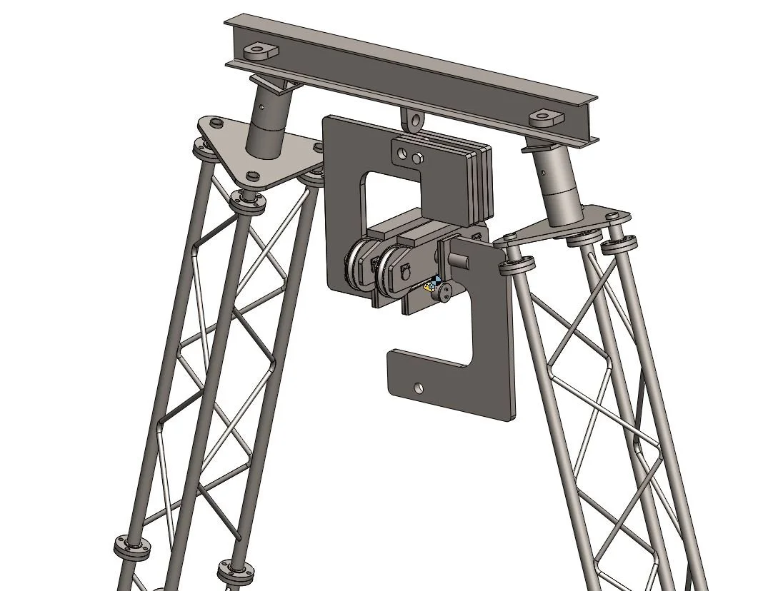 Imagen de una estructura metálica de soporte tipo teleférico con componentes mecánicos en el centro.