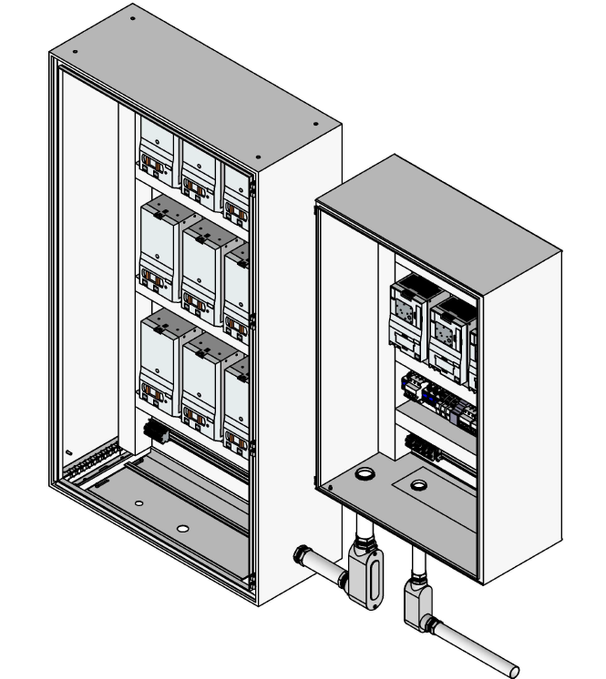 Dibujo técnico de un cuadro eléctrico con componentes internos visibles y conexión de tuberías.
