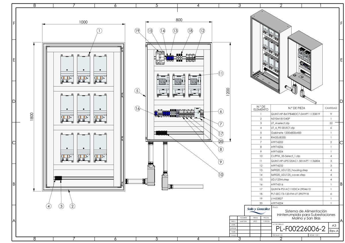 Dibujo técnico de un sistema de alimentación ininterrumpida para subestaciones, mostrando una vista frontal y una vista en perspectiva de dos gabinetes, con componentes eléctricos y sus listas de piezas.
