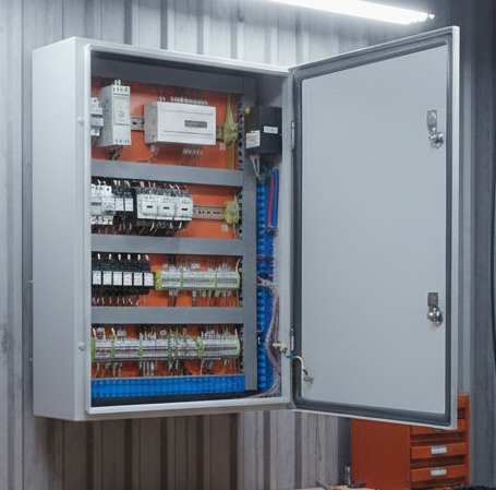 Panel eléctrico con componentes y cables dentro de una caja de gabinete