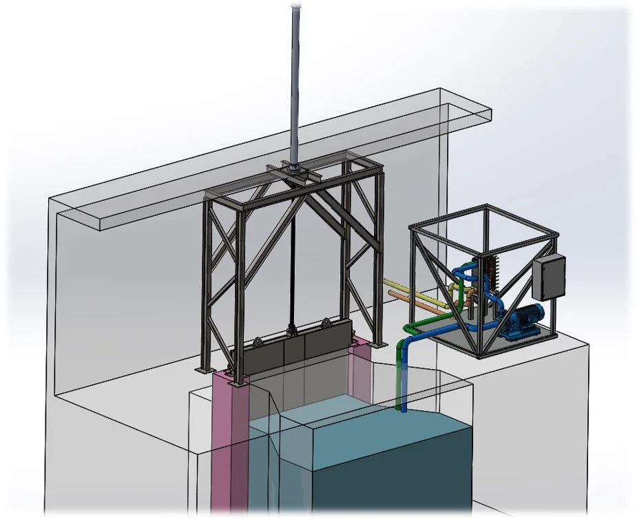 Modelo conceptual de un sistema de extracción de agua, incluyendo una estructura metálica, una bomba y tuberías conectadas en un entorno técnico.
