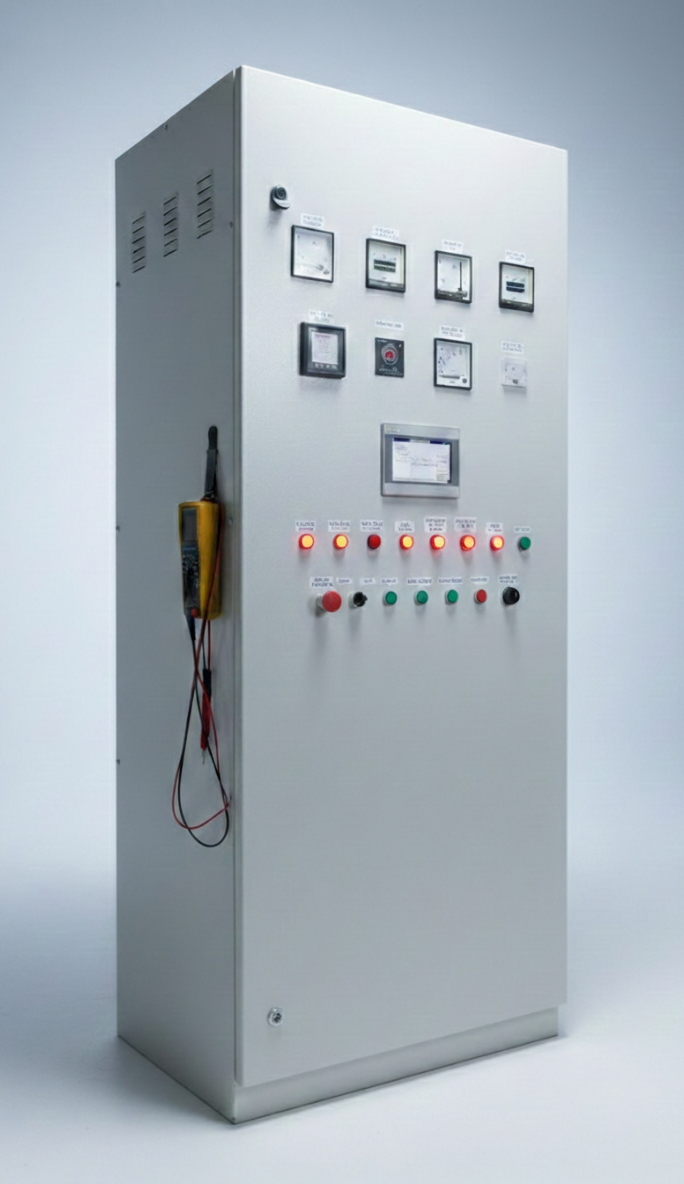 Cuadro eléctrico de control con varios indicadores, botones y medidores