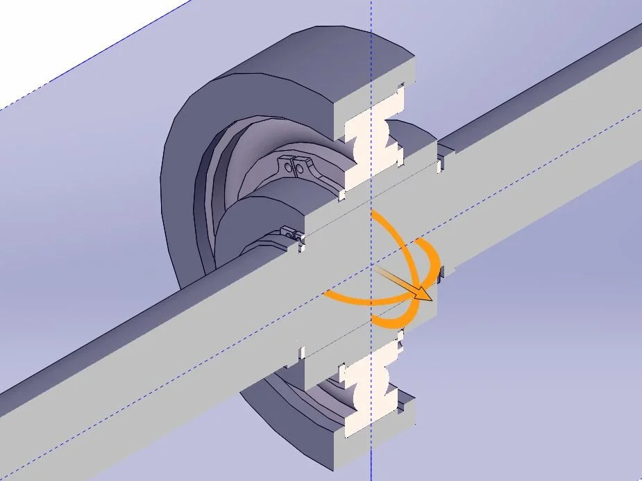Una ilustración técnica de un componente mecánico que muestra una rotación en un eje, con flechas naranjas indicando movimiento giratorio alrededor del eje horizontal.