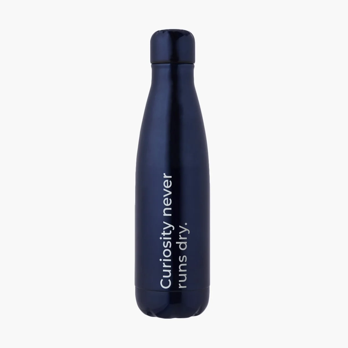 Navy water bottle with the words curiosity never runs dry