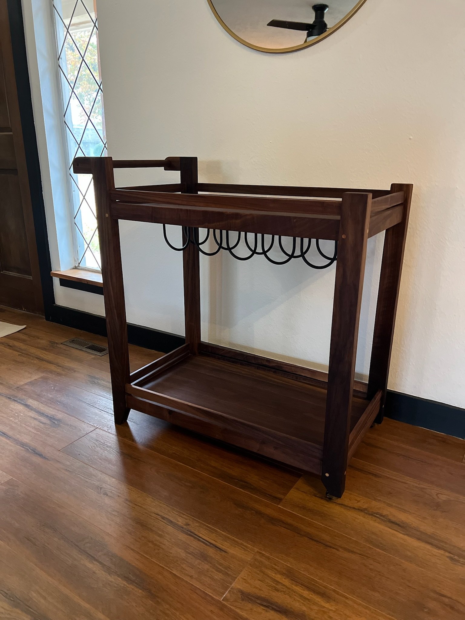 Walnut Bar Cart with Brass Accents