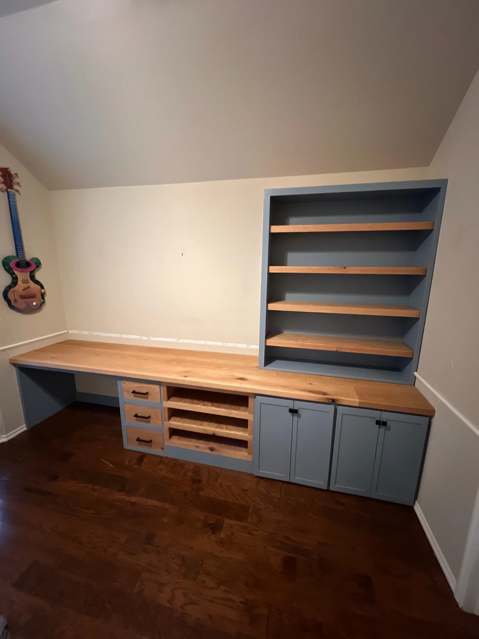 12' Red Oak Built in Desk, Cabinet, and Shelves