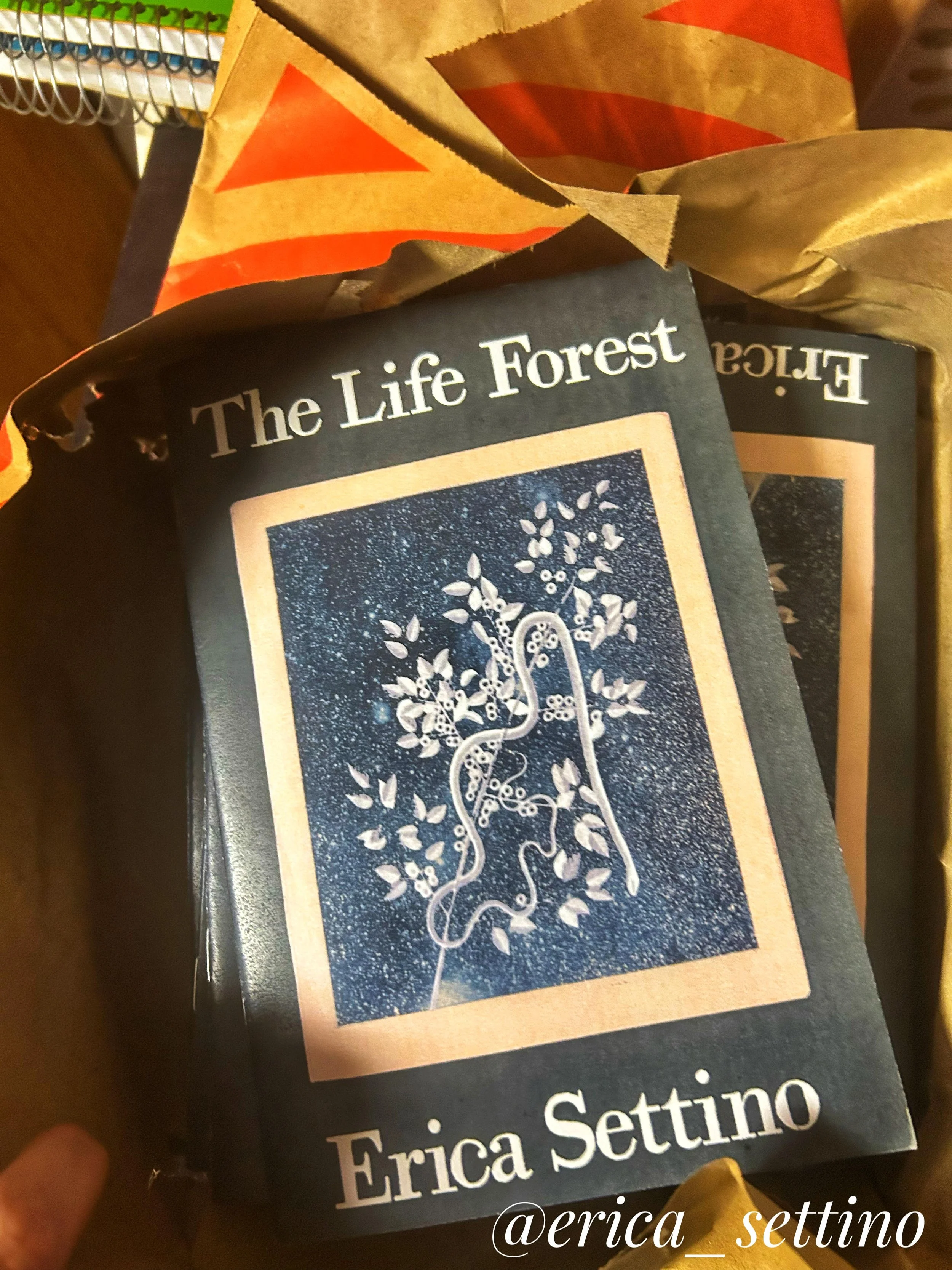 A book titled "The Life Forest" by Erica Settino, with a cover illustration of a white tree with swirling branches and leaves against a dark blue background.