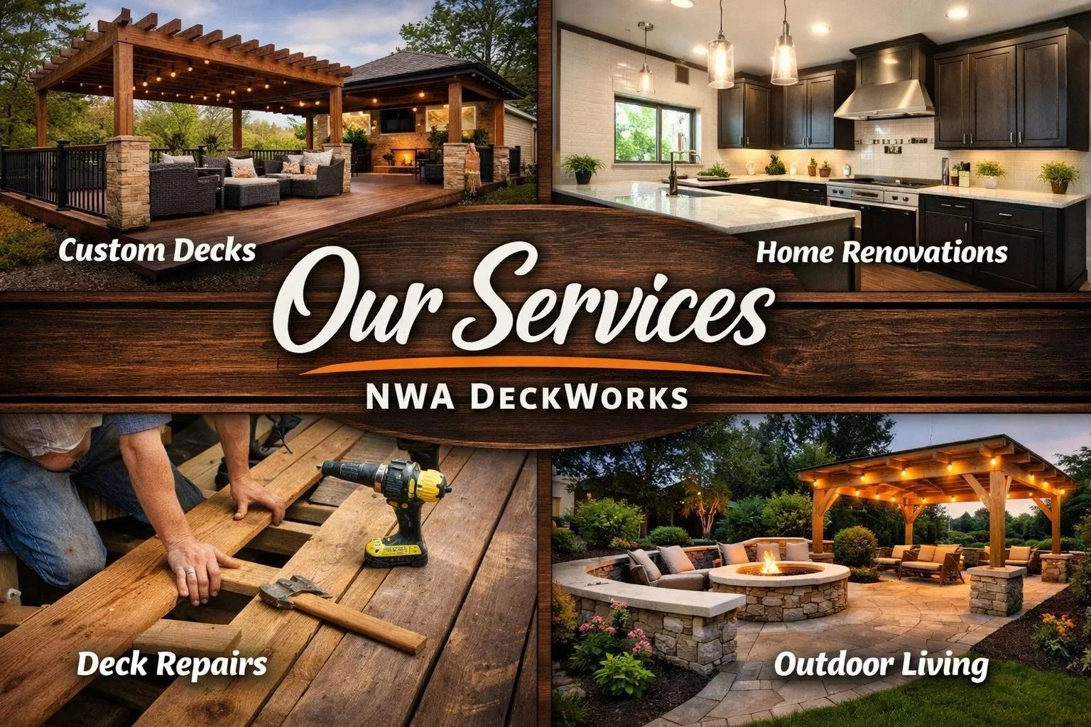 A collage showcasing four services: a custom deck with outdoor seating and string lights, a modern kitchen renovation, a person working on deck repairs with tools, and an outdoor living space with a firepit and seating under a pergola.