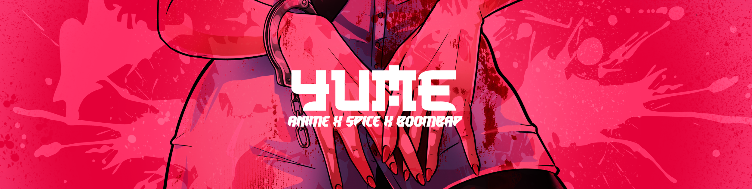 A colorful digital illustration of a person wearing a jacket, with their hands chained together resting on their lap. The background is pink with splatters and abstract designs. There is bold white text in the center that says, "YUME" with smaller text below that reads, "Anime x Spice x Boombap."
