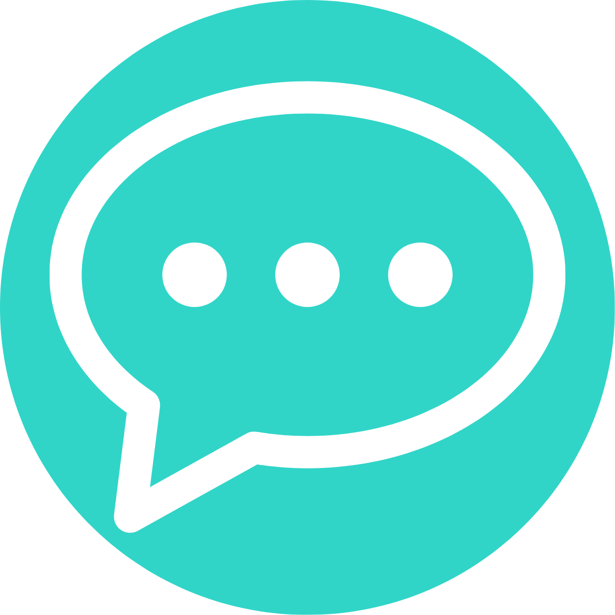 Turquoise speech bubble icon with three white dots inside.