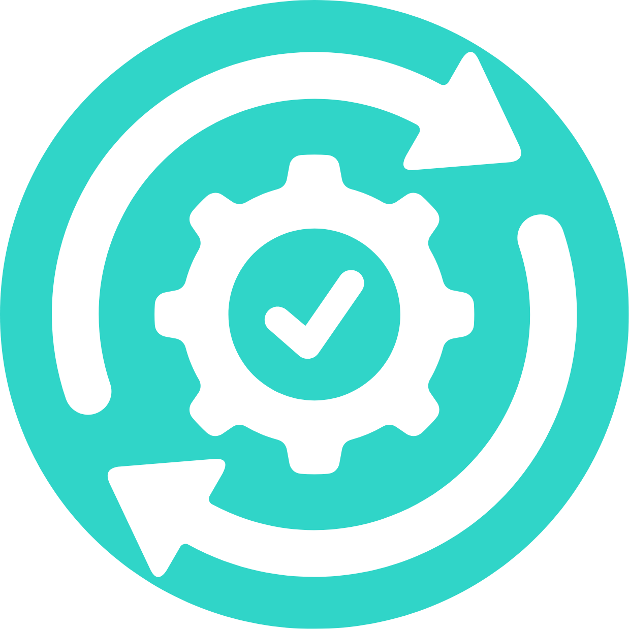 Icon of gear with checkmark inside, surrounded by circular arrows, symbolizing updates or settings verification.