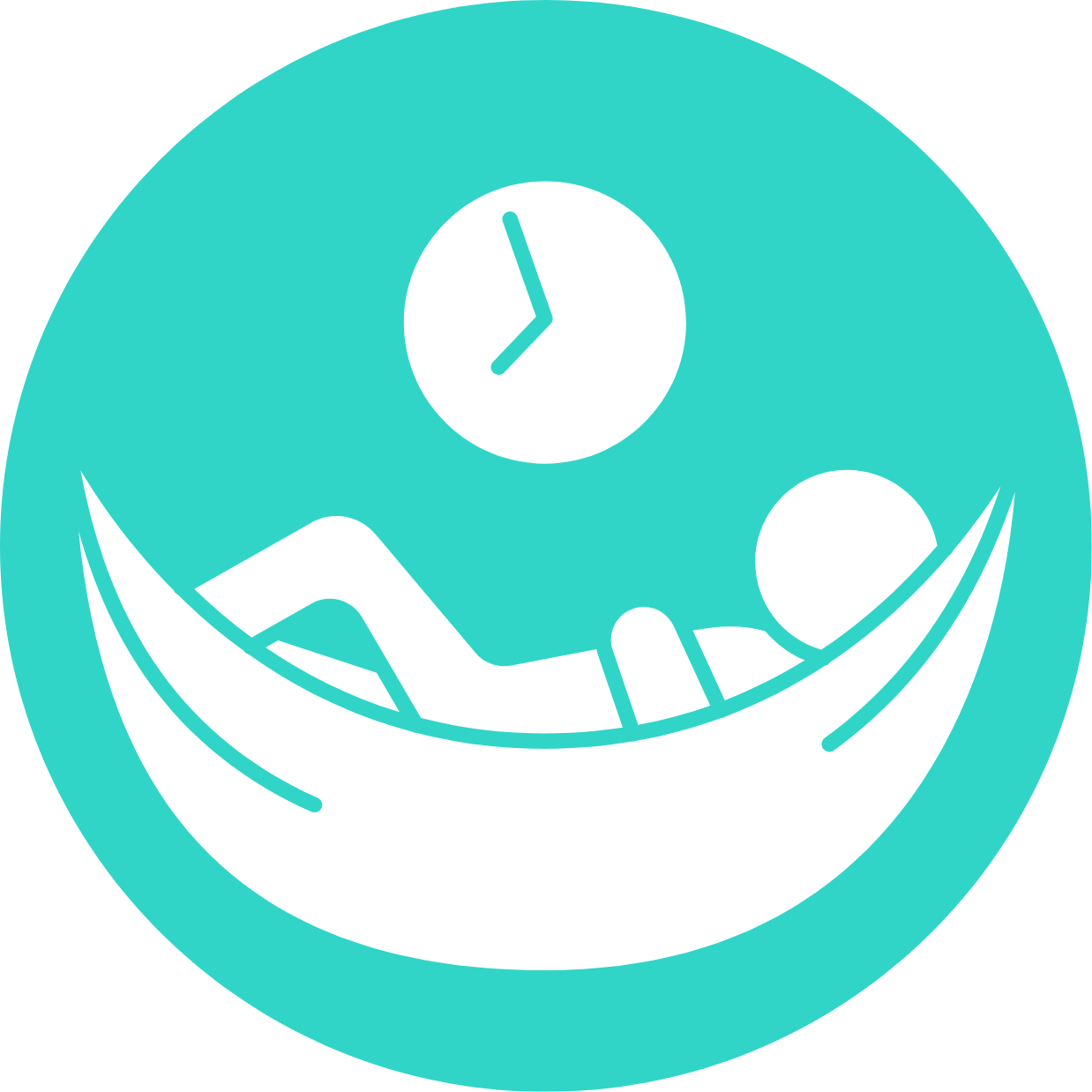 A person relaxing in a hammock, with a small clock above them.