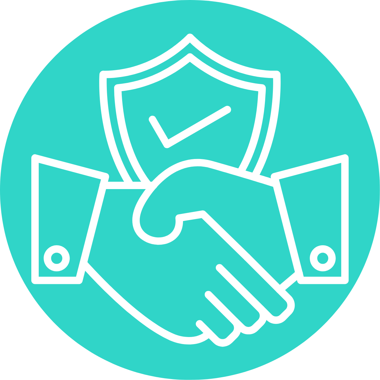 Icon of a handshake with a shield featuring a checkmark behind it, symbolizing trust and security.