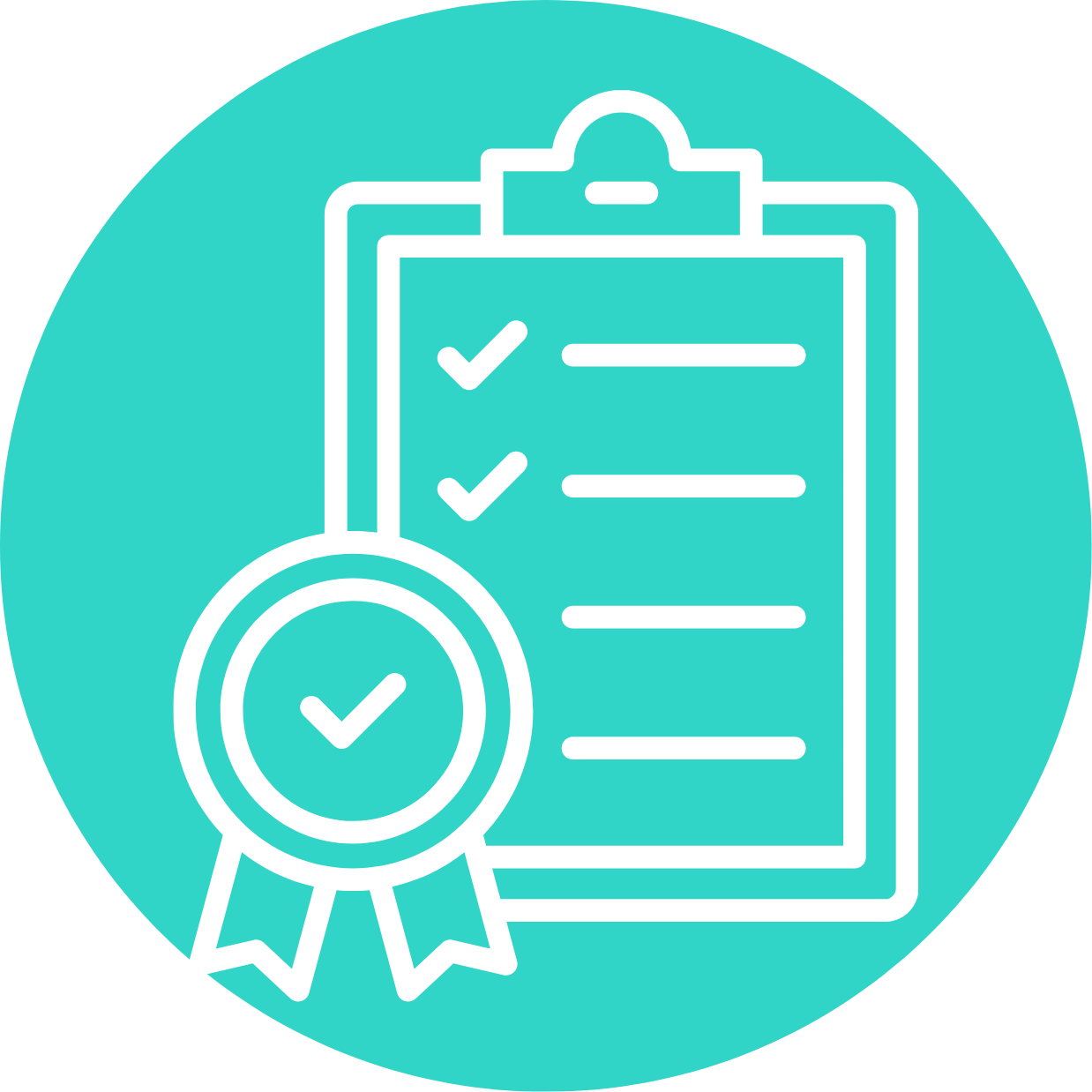 Icon of a clipboard with a checklist and a ribbon badge with a checkmark on a teal background.