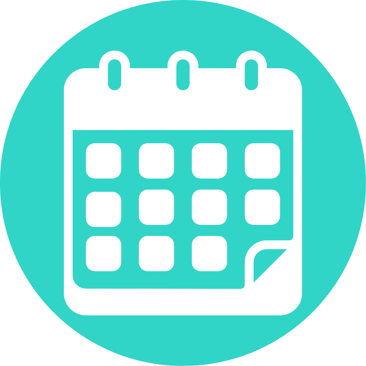 Icon of a calendar with a teal background, showing a blank calendar page with grid lines and a folded corner.