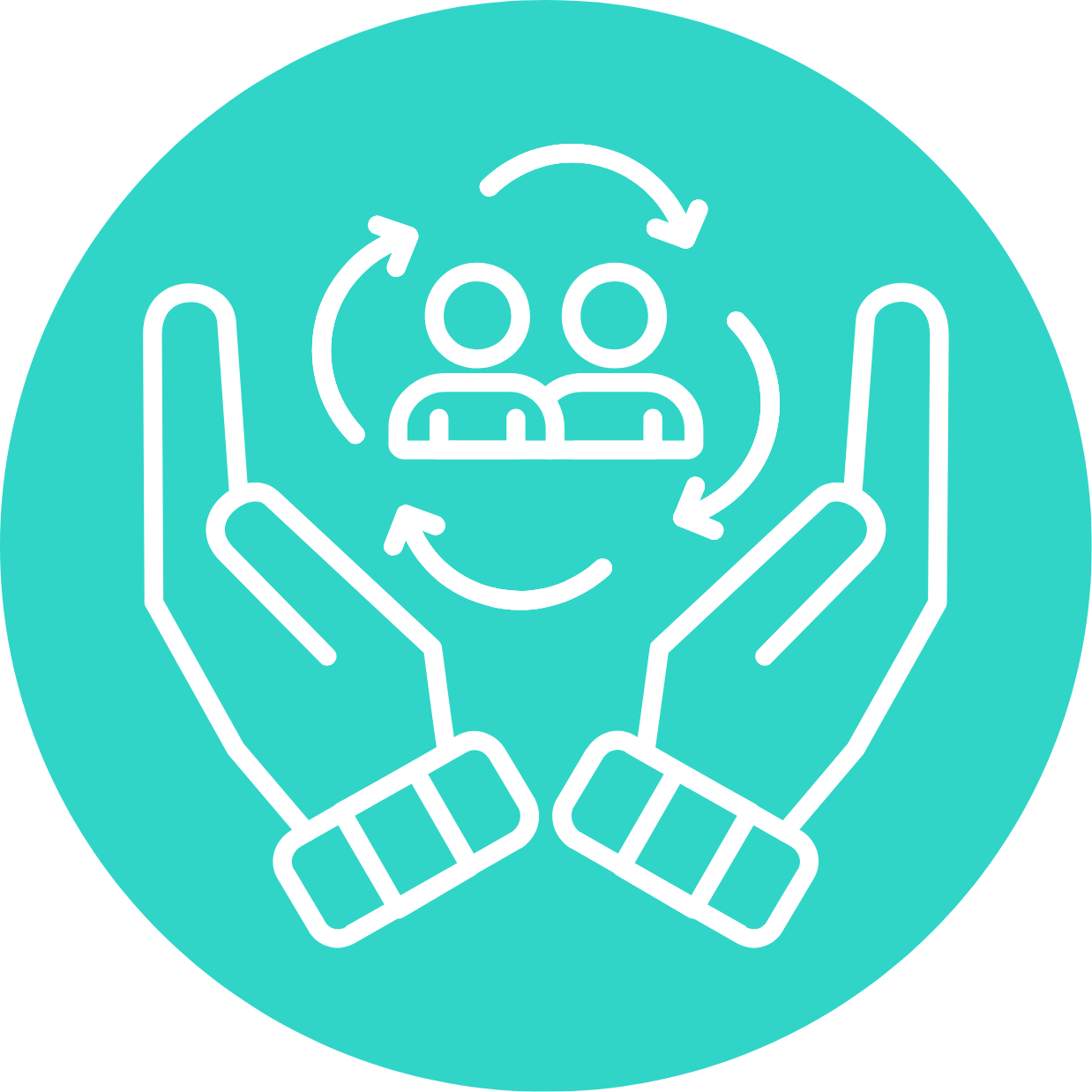 Icon of two hands holding a circle with two people and arrows indicating a cycle, representing teamwork or support.