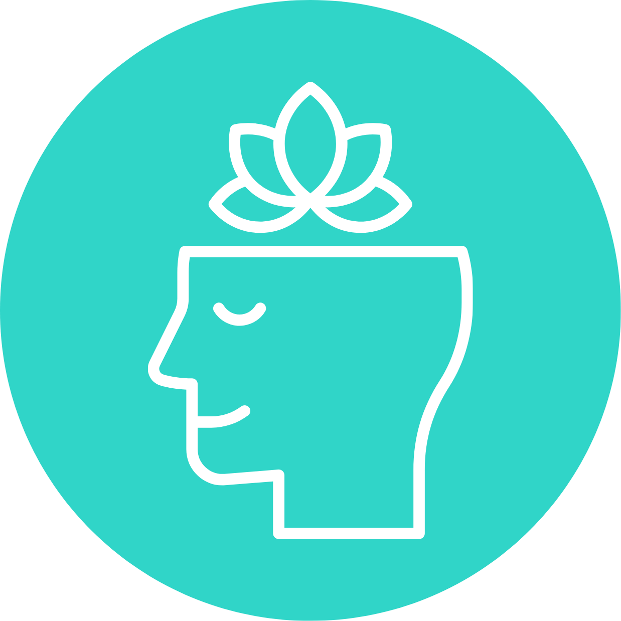 Line drawing of a human head in profile with a lotus flower on top, symbolizing mindfulness or mental wellness, on a turquoise background.