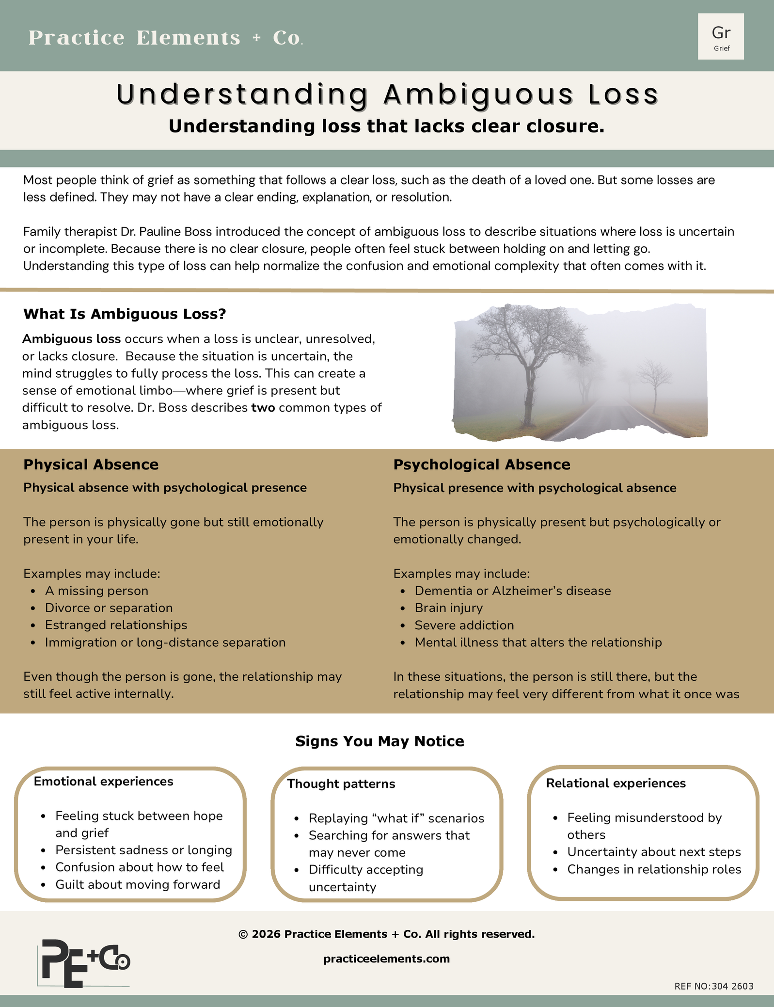 Informational page titled 'Understanding Ambiguous Loss' discussing unclear or unresolved grief with a foggy outdoor photo of a tree. Contains sections on types of ambiguous loss, physical and psychological absence, signs to notice, and examples of emotional, thought pattern, and relational experiences.