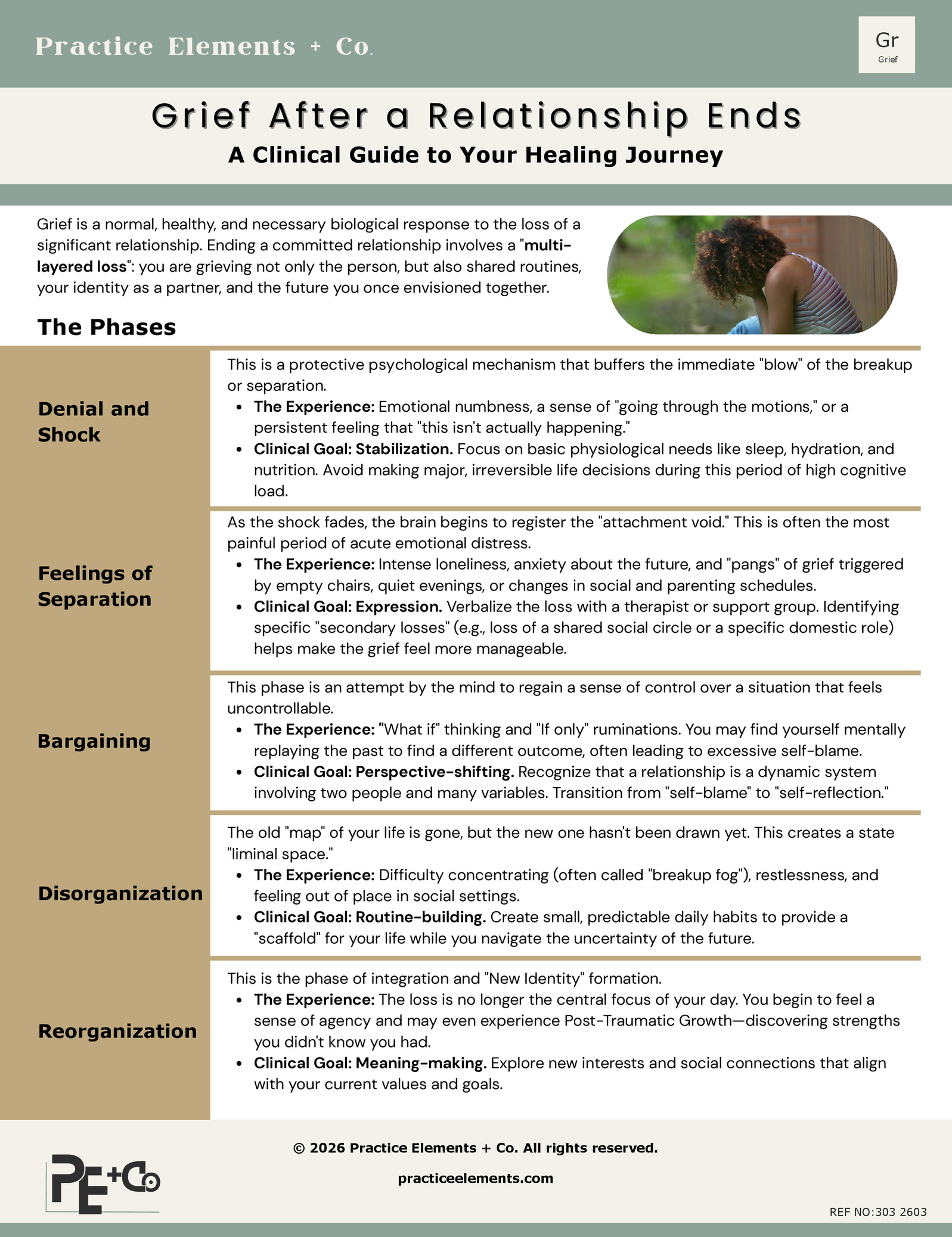 A clinical guide titled 'Grief After a Relationship Ends' by Practice Elements + Co, featuring a woman sitting outside with her head down and hands covering her face, illustrating emotional distress.